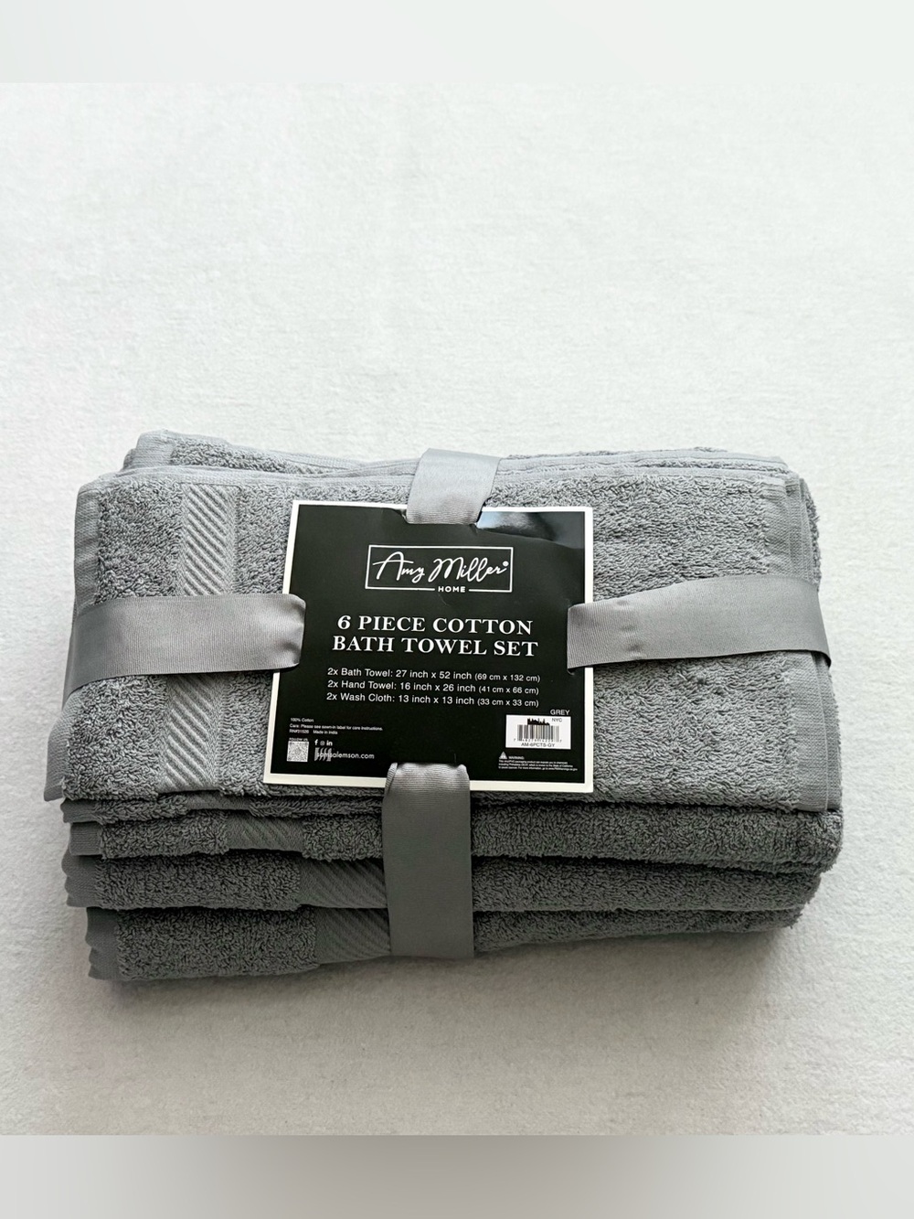 Amy Miller Home 6 Piece 100% Cotton Bath Towel Set Gray NWT Soft Absorbent